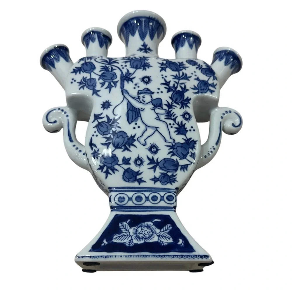 Blue White Ceramic Tulipiere Vase Cherub Floral 5 Spout Chinoiserie 9.5in